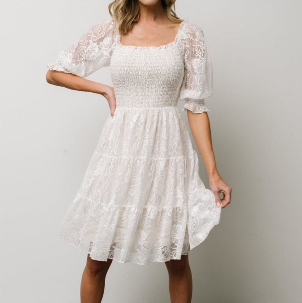 Baltic Born White Lace Square-Neck Tiered Dress